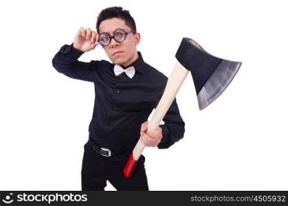 Funny man with axe on white
