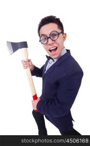 Funny man with axe on white