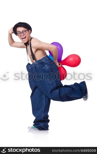 Funny man with balloons on white