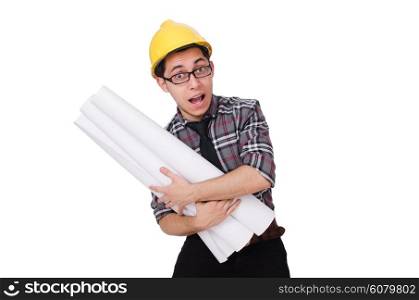 Funny man with blueprints on white
