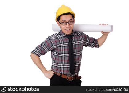 Funny man with blueprints on white