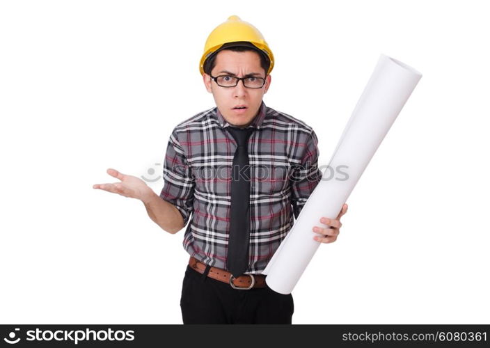 Funny man with blueprints on white