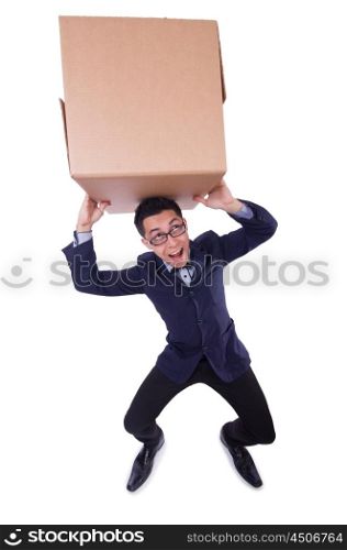 Funny man with box on white