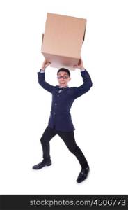 Funny man with box on white