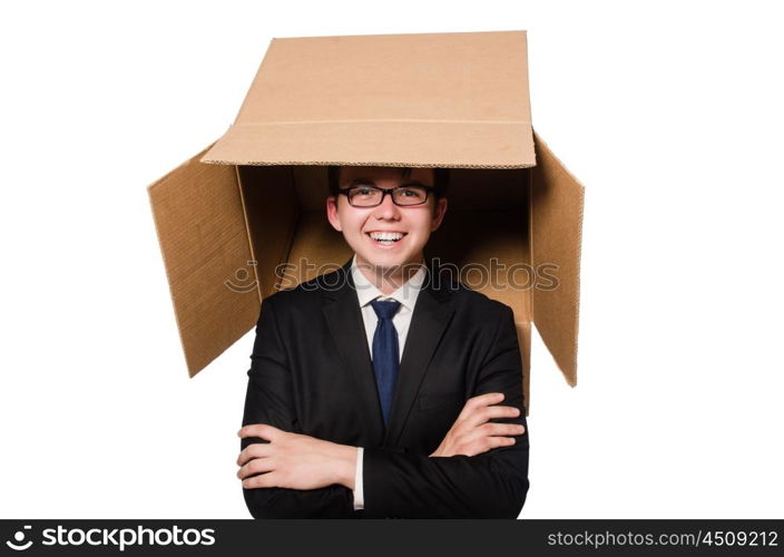 Funny man with boxes isolated on white