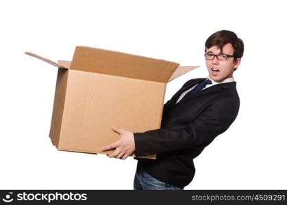 Funny man with boxes isolated on white