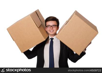 Funny man with boxes isolated on white