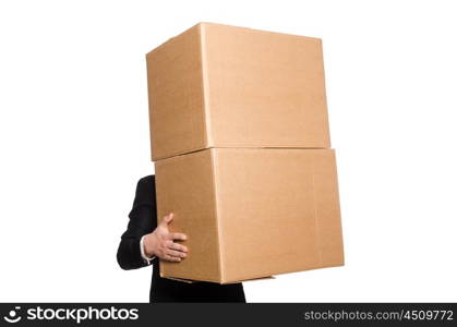 Funny man with boxes isolated on white