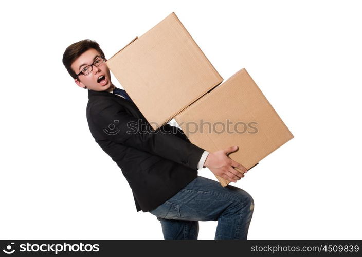 Funny man with boxes isolated on white