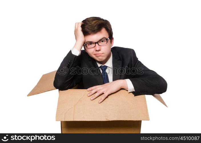 Funny man with boxes isolated on white