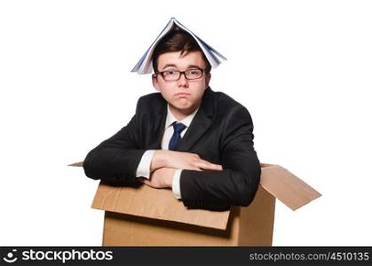 Funny man with boxes isolated on white