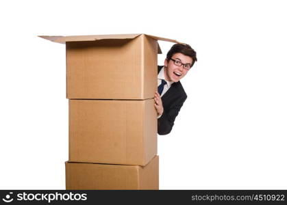 Funny man with boxes isolated on white