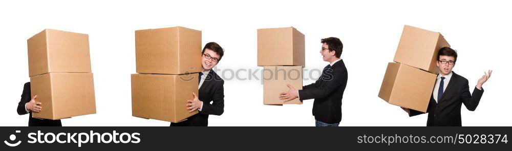 Funny man with boxes isolated on white