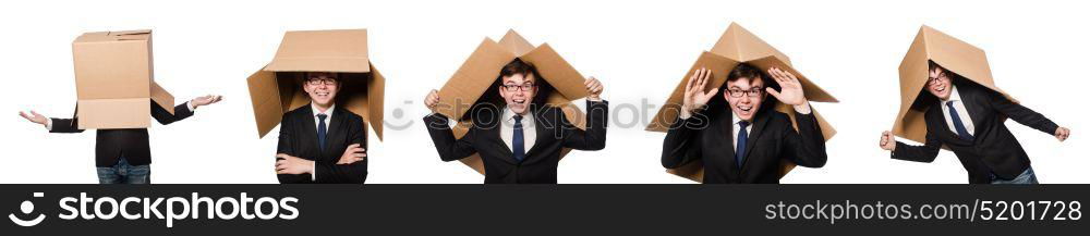 Funny man with boxes isolated on white