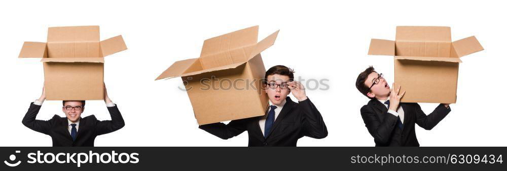 Funny man with boxes isolated on white