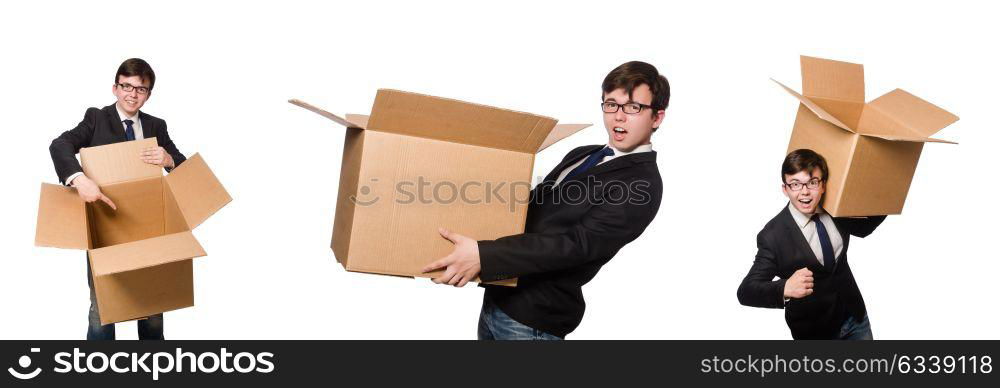 Funny man with boxes isolated on white