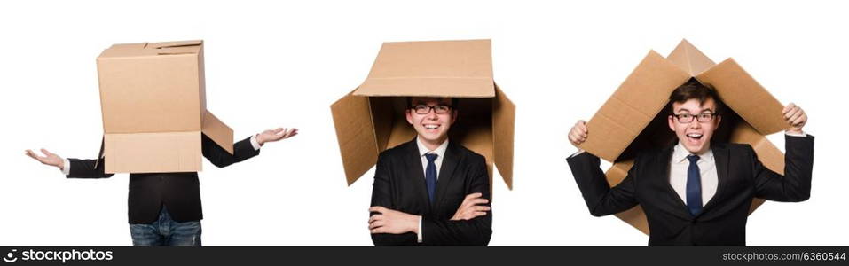 Funny man with boxes isolated on white