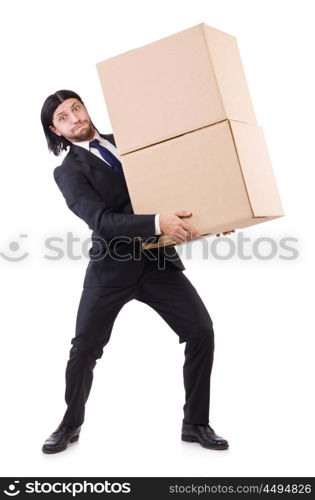 Funny man with boxes on white