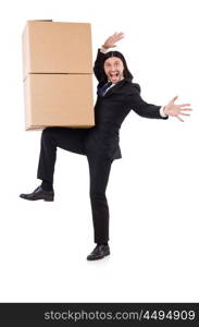 Funny man with boxes on white