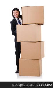 Funny man with boxes on white