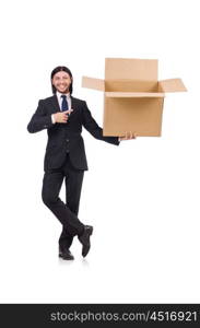 Funny man with boxes on white