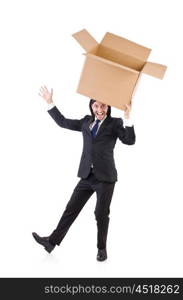 Funny man with boxes on white