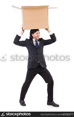 Funny man with boxes on white