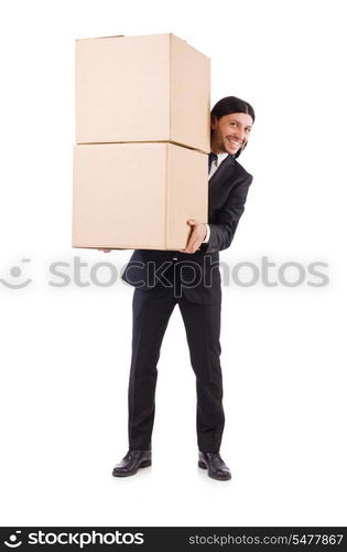 Funny man with boxes on white