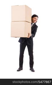 Funny man with boxes on white