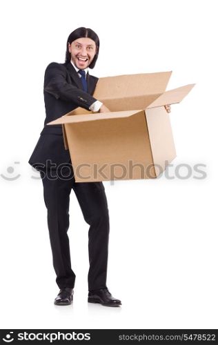 Funny man with boxes on white