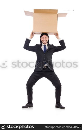 Funny man with boxes on white