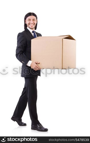 Funny man with boxes on white