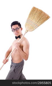 Funny man with broom on white