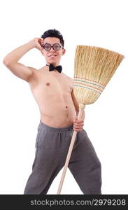 Funny man with broom on white