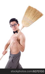 Funny man with broom on white