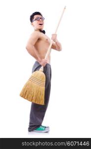 Funny man with broom on white