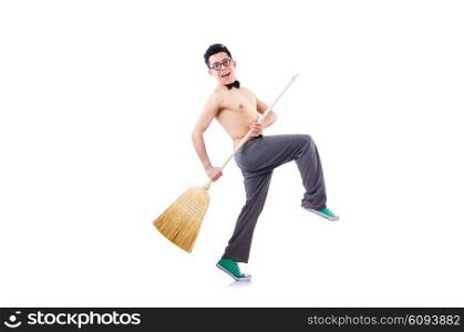 Funny man with broom on white