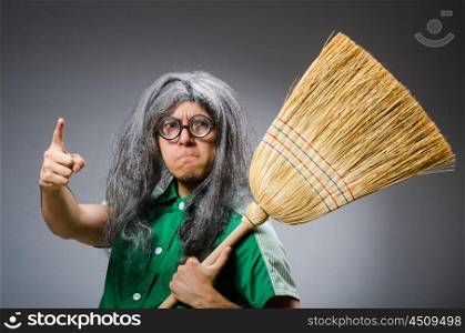 Funny man with brush and wig