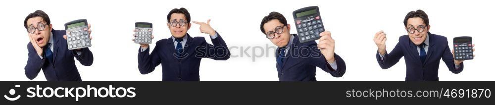 Funny man with calculator isolated on white