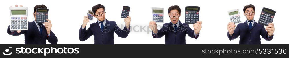 Funny man with calculator isolated on white