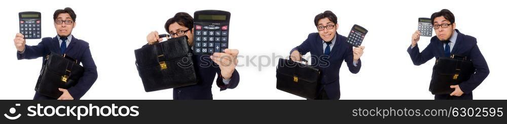 Funny man with calculator isolated on white