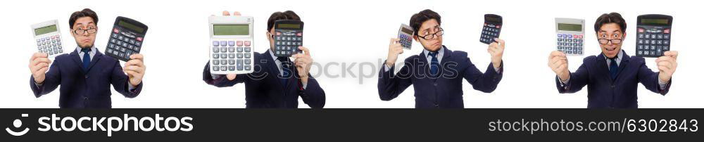 Funny man with calculator isolated on white