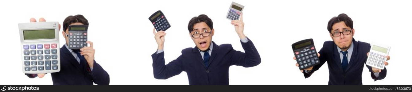 Funny man with calculator isolated on white