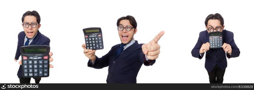 Funny man with calculator isolated on white