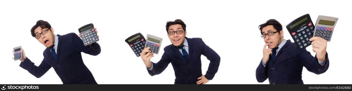 Funny man with calculator isolated on white