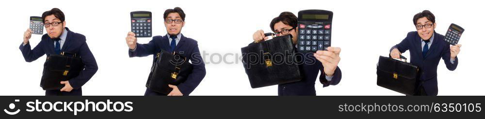 Funny man with calculator isolated on white