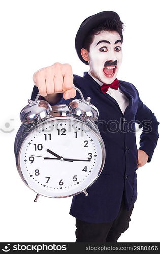 Funny man with clock on white