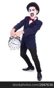 Funny man with clock on white