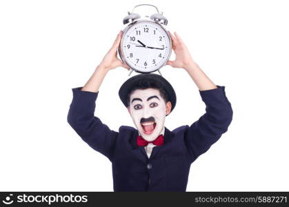 Funny man with clock on white