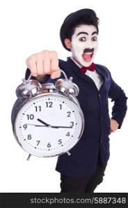 Funny man with clock on white